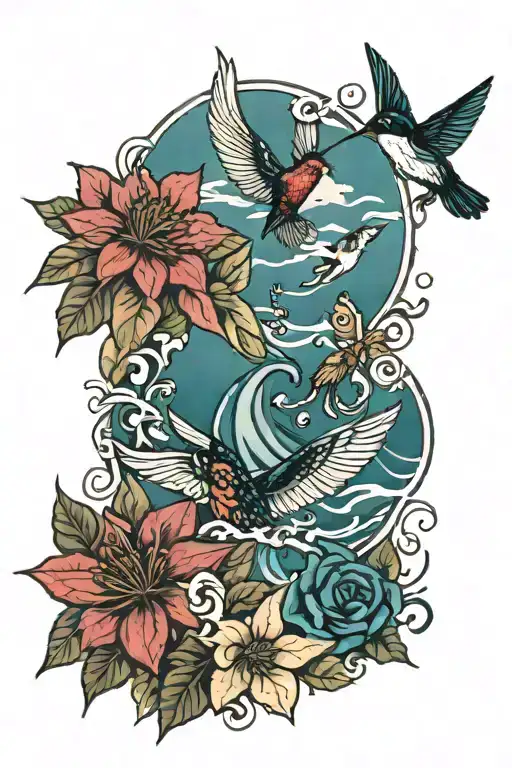 ocean waves, mountain peaks, poinsettia bouquet, butterfly, hummingbird tattoo design idea