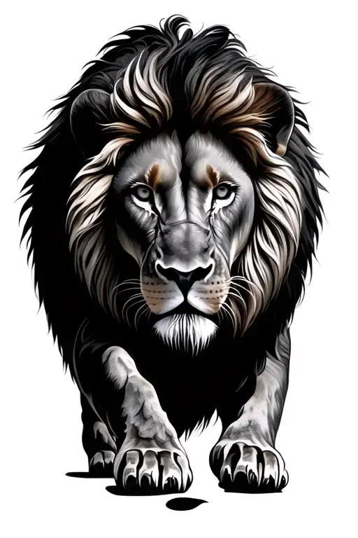 Full-body lion walking downwards top view tattoo design idea