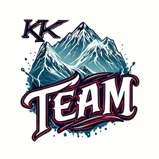 "KK Team" with storm wawes splashes with mountain tattoo design idea