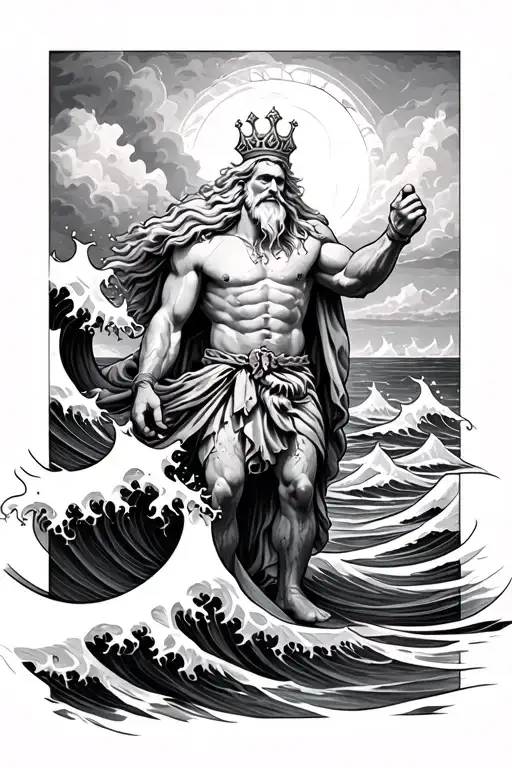 waves crashing behind king neptune tattoo design idea