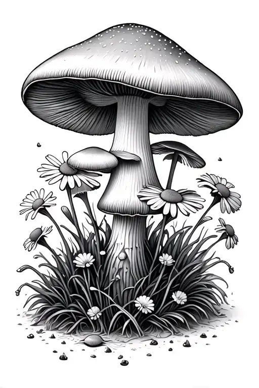 mushrooms daisies growing stitches tattoo design idea