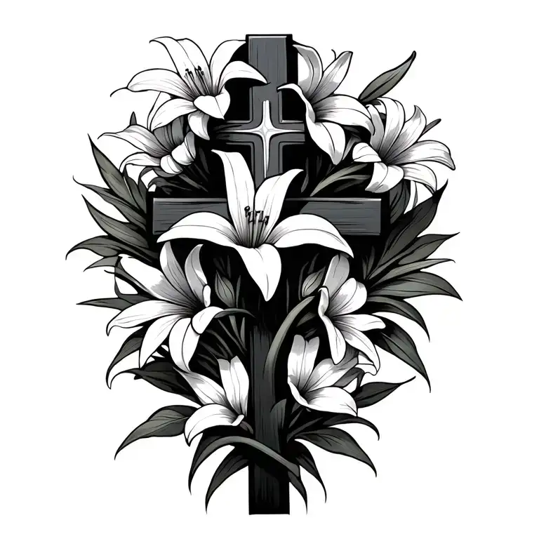 Christian cross with Lily and Daisy flowers intertwined tattoo design idea