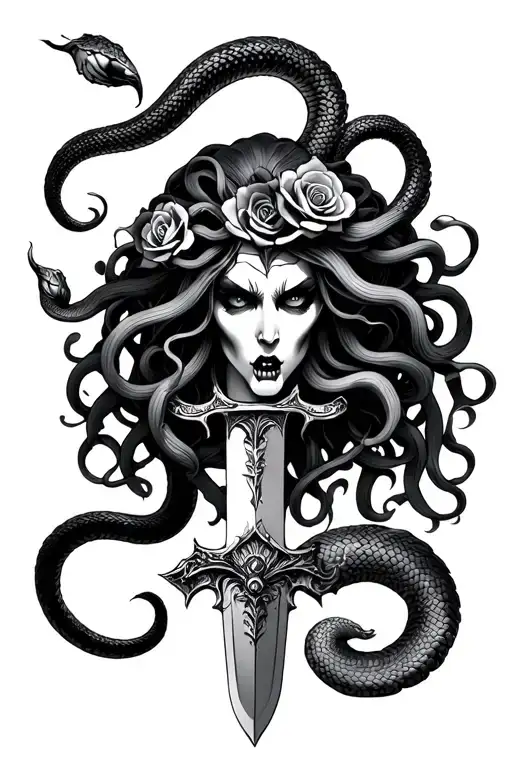Medusa with a long snakes viscous biting. glaring eyes dagger that has roses carved into the hilt  tattoo design idea