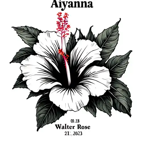 Hibiscus in black and white with the first name "Aiyanna" in Walter Rose typography, the date 21.08.2023, the Astro Lion sign tattoo design idea
