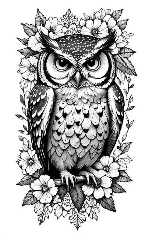 cute owl in forest scene with floral lace accents tattoo design idea