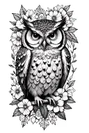 cute owl in forest scene with floral lace accents tattoo design idea