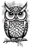 cute owl in forest scene with floral lace accents tattoo design idea