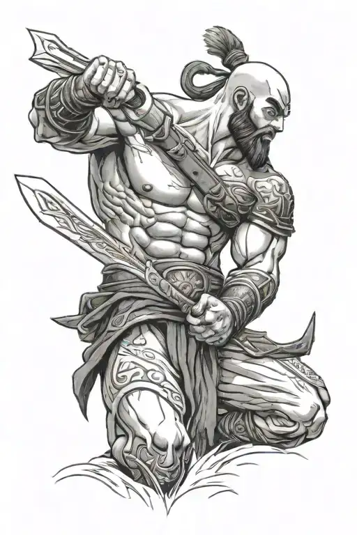 Kratos wielding the Blades looking up at olympus sitting with Zeus tattoo design idea
