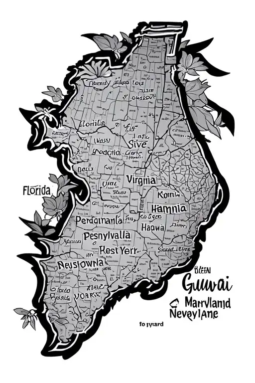 I want a half arm sleeve from all the places I’ve lived Florida Virginia Pennsylvania Maryland New York Guam Hawaii Kent tattoo design idea