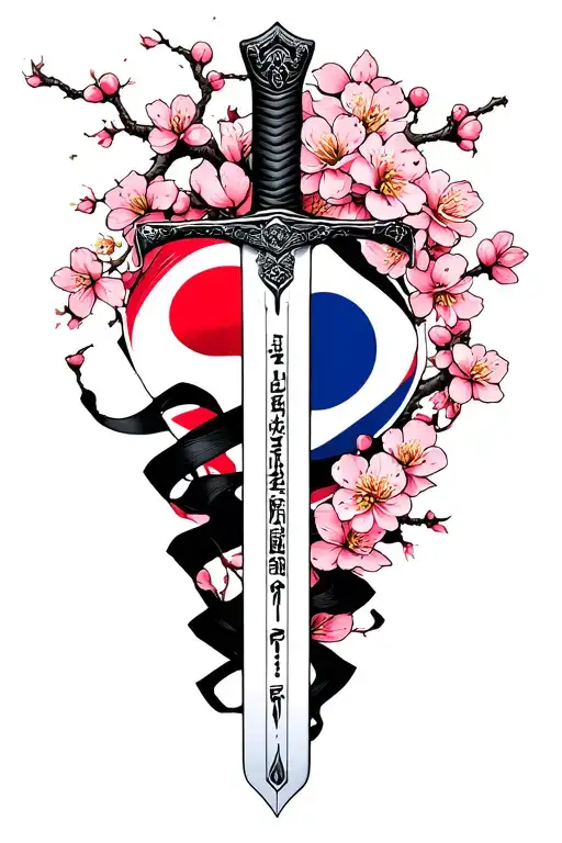 Korean sword with the south Korea flag wrap around the sword and cherry blossom  tattoo design idea