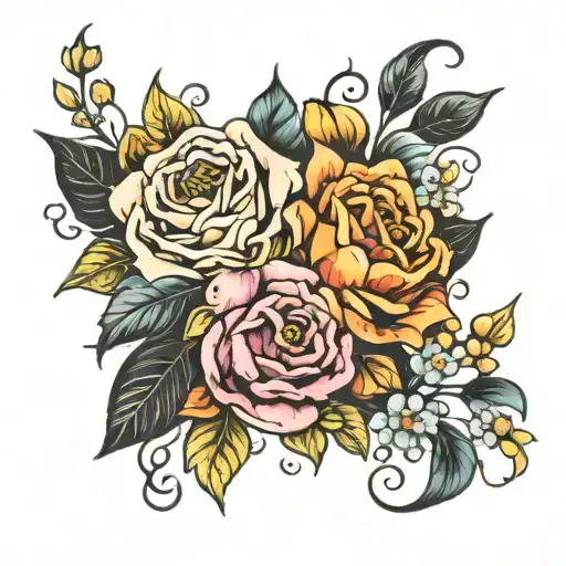 boquet of march, August and october flowers tattoo design idea