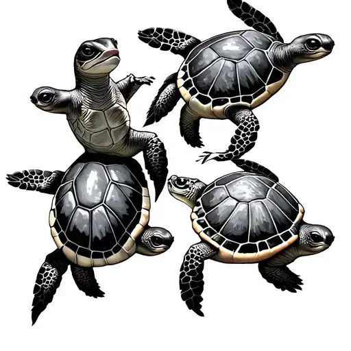 Animal = four turtles swimming up a leg Description= Birds eye view , turtle one is a male, turtle two put a bow on he tattoo design idea