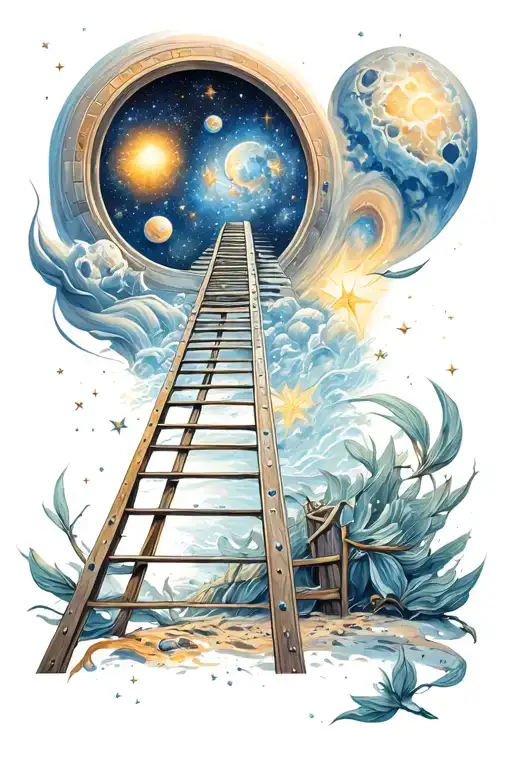 ladder leading up to a portal of stars and space tattoo design idea