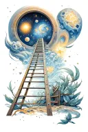ladder leading up to a portal of stars and space tattoo design idea