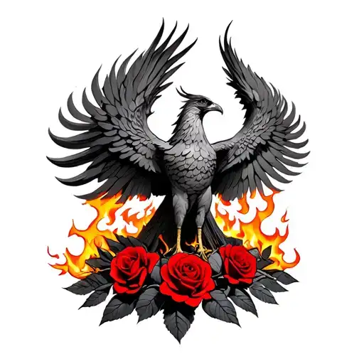 phoenix rising from the ashes with red roses burning tattoo design idea