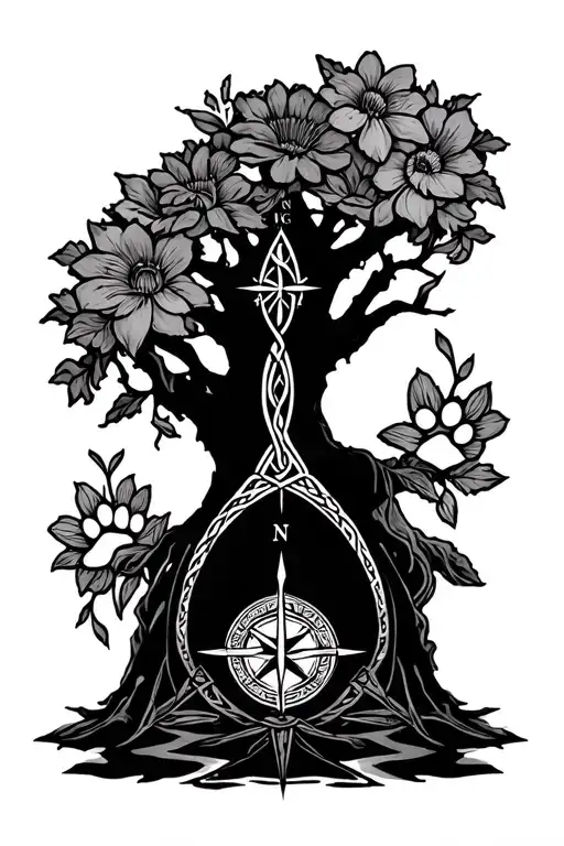 rainbow bridge, Celtic tree, coronation flowers, compass, dog paw print, Tieghan Lynn, Kinslee Rae tattoo design idea