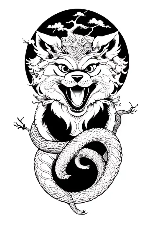 fu dog and a tree from beneath in black and white and a snake around it tattoo design idea