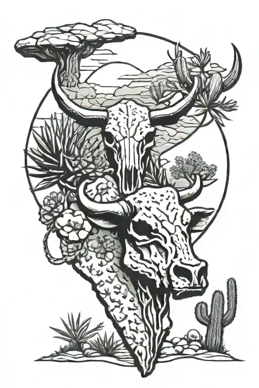 Desert with cactus and cow skull tattoo design idea