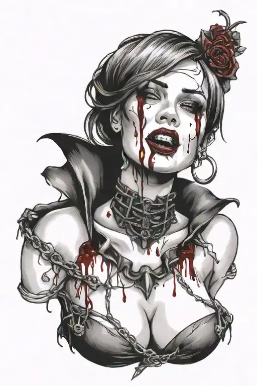 bondage, horror, blood play, teeth, sexy vampire, female form, bust, tattoo design idea