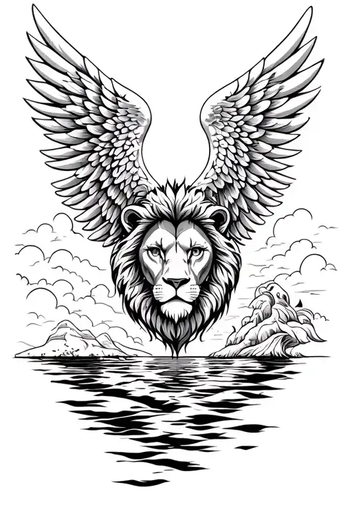 ANGEL WINGS WITH LION HEAD AND WITH SEA VIEW tattoo design idea