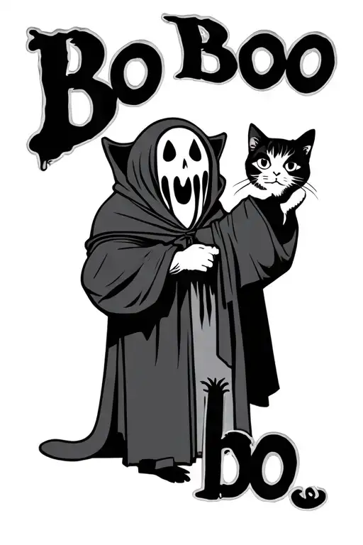 "Bo Bo bo" ghost holding a cat wearing a robe tattoo design idea