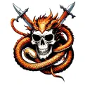 skull with dragon , 2 swords with snakes around them  tattoo design idea