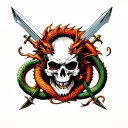 skull with dragon , 2 swords with snakes around them  tattoo design idea