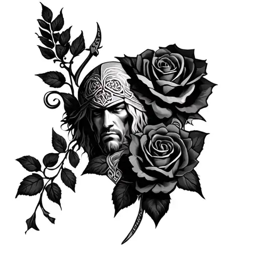 Celtic warrior and roses  tattoo design idea