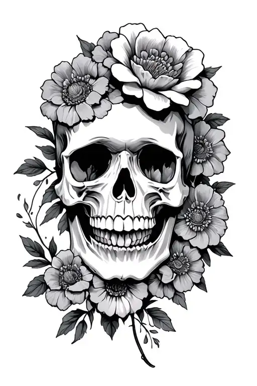 Skull and flowers tattoo design idea