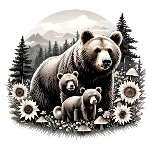  one momma bear and two bear cubs. Include wildflowers, sunflowers and wilderness scene with mushrooms and pines  tattoo design idea