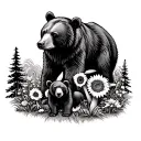  one momma bear and two bear cubs. Include wildflowers, sunflowers and wilderness scene with mushrooms and pines  tattoo design idea