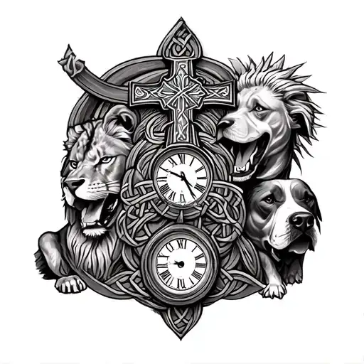 sleeve of celtic tribal with a cross on there, a lion, a grandfather clock, and a pitbull tattoo design idea