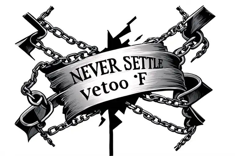 Create me tattoo in collarbone with chains coming from shoulder and breaking in between in centre I need "NEVER SETTLE F tattoo design idea