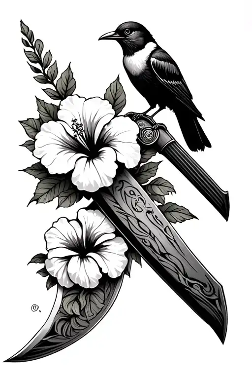 machete with queen nanny of maroons as head. blade wrapped in hibiscus flowers, with the dr bird perched.  tattoo design idea