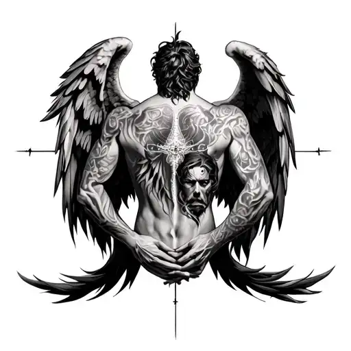 full back tattoo for men with god and evil angel tattoo design idea