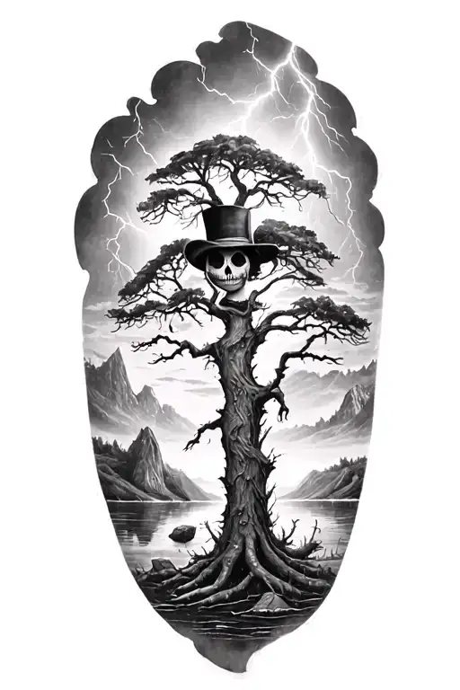 voodoo doll with cylinder hat and lightining storm and fjord and nature, big tree tattoo design idea