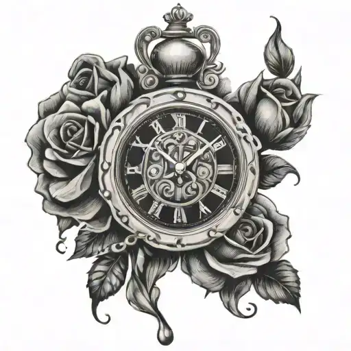 Evelyn Crown on the E and roses and clock tattoo design idea