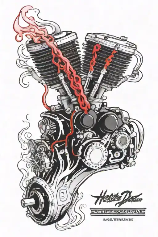 Harley-Davidson Twin Cam engine with tubes carrying light red and dark red liquid flowing into it, and flames coming out tattoo design idea