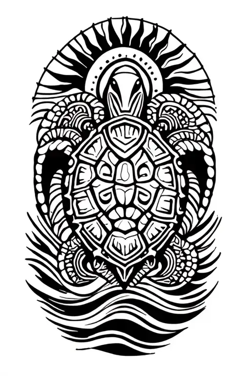 Maori Tattoo Design, with turtle (honu), sun, Polynesian waves symmetrical tattoo design idea