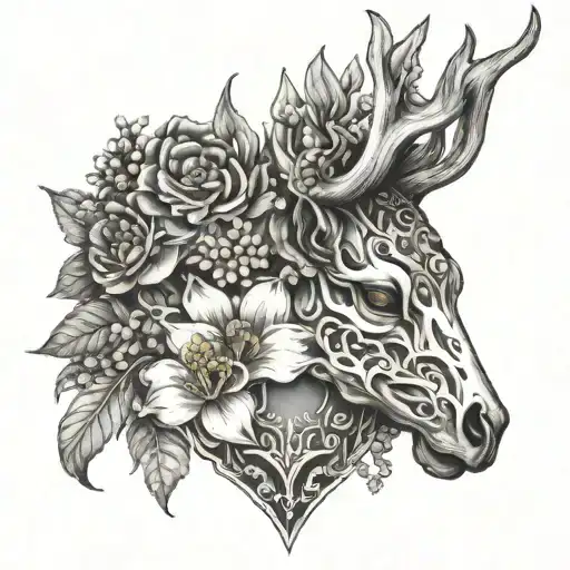 lilly of the valley and aster on deer scull attached to human heart tattoo design idea
