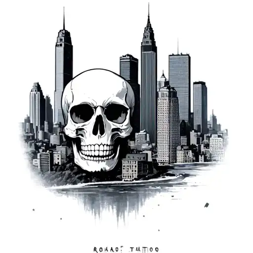 Anatomical skull, space, Chicago skyline, simple layered tattoo design idea