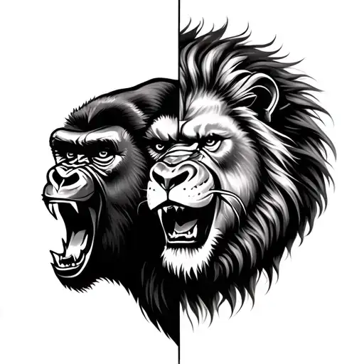 half gorilla face  and half lion face roaring side by side tattoo design idea