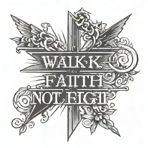 Create tattoo text: Walk by Faith Not by sight. Have a cross and sun rays in middle of text with 3 words each side of cr tattoo design idea