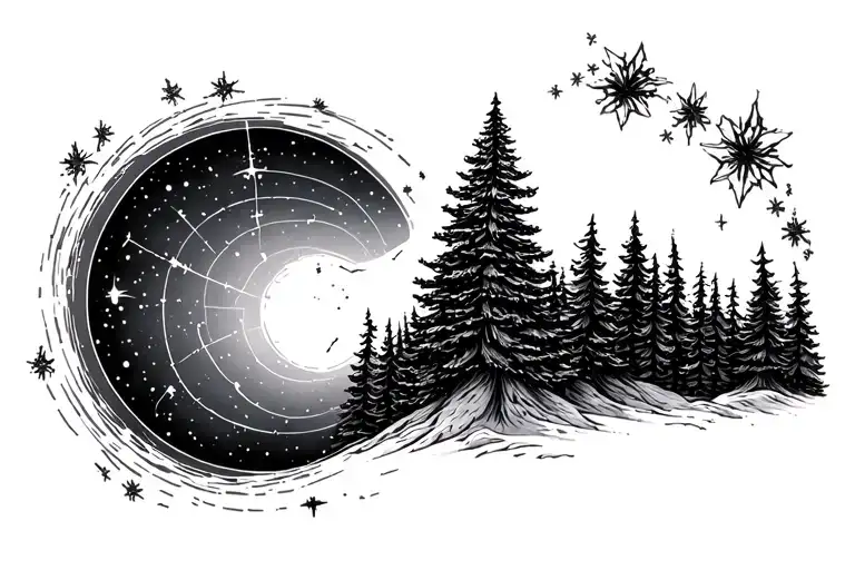 pine trees, circle, pulsar map, big dipper constellation tattoo design idea