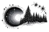pine trees, circle, pulsar map, big dipper constellation tattoo design idea