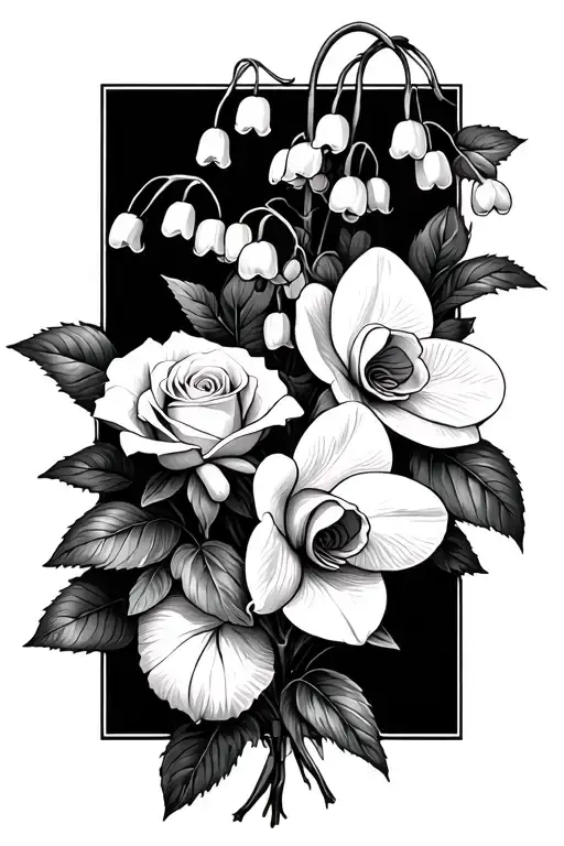 Lily of the Valley, White Rose and Orchid, all in a small bunch to represent my family. Add a white Rose to the bunch tattoo design idea