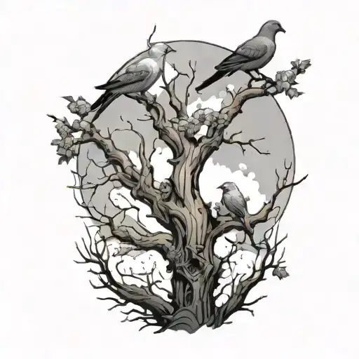 dead tree with 5 doves flying a crow perched on top the tree and 2 spiders makeing a web tattoo design idea