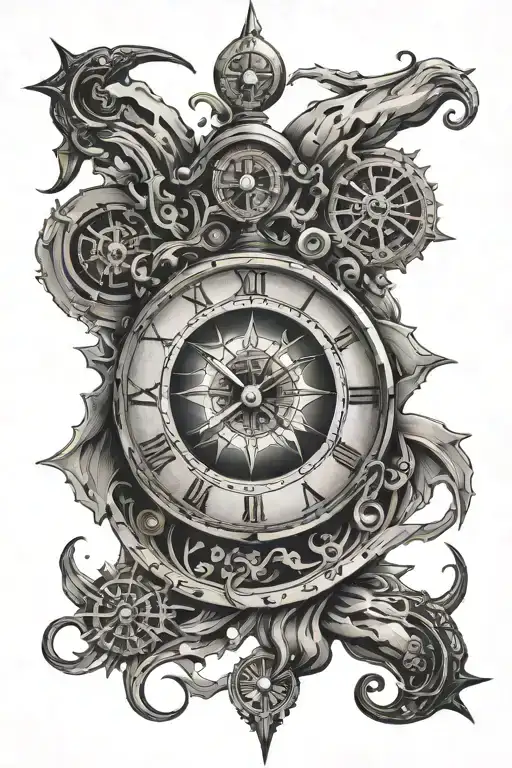 Tattoo design for the back arm, featuring a clock, a compass, and an eye, all interwined in a surrealistic way. tattoo design idea