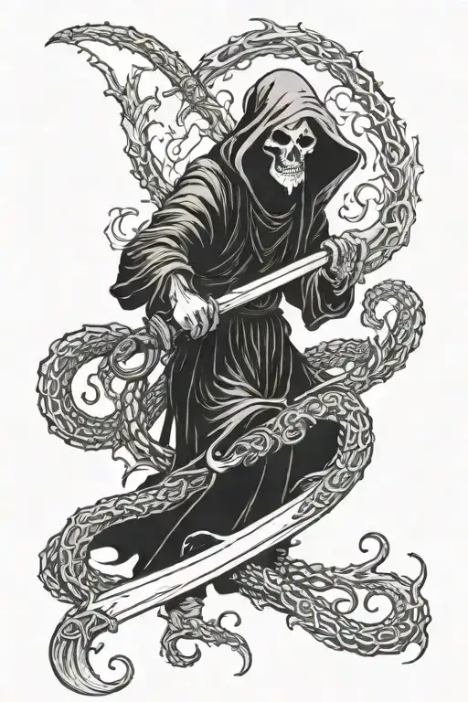 grim reaper harpooning a kraken tattoo design idea
