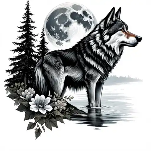 full moon wolf river trees flowers tattoo design idea